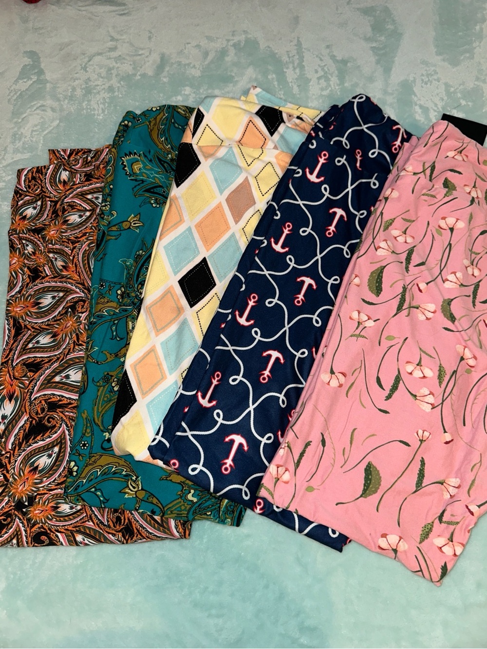 LuLaRoe Women’s Legging Set - Pink, Navy, Teal, Peach & Brown Prints
